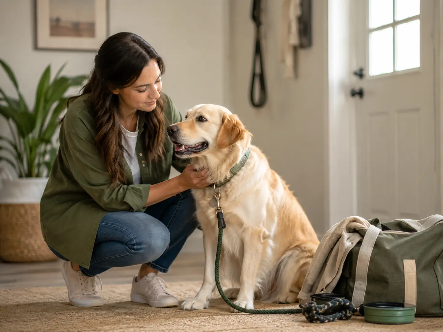 First time Child bonding with family dog before a first stay at Paws 'N' Stripes K9 Services