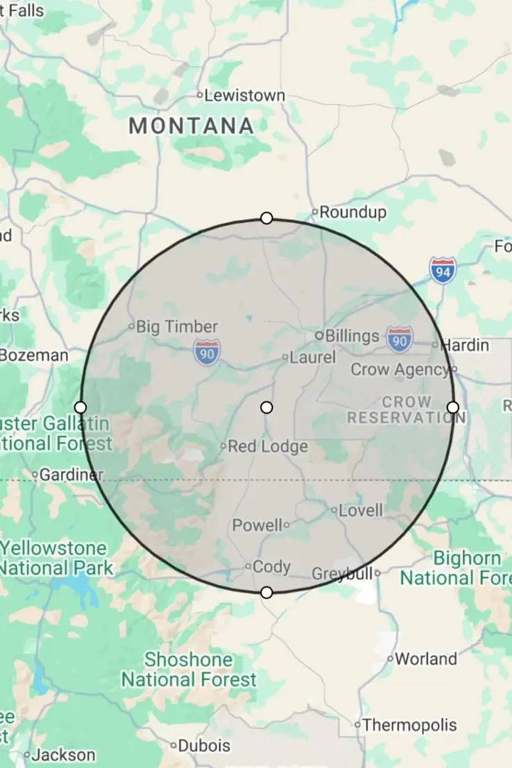 24h Map Approximate 70-mile emergency pickup service area from Fromberg, Montana